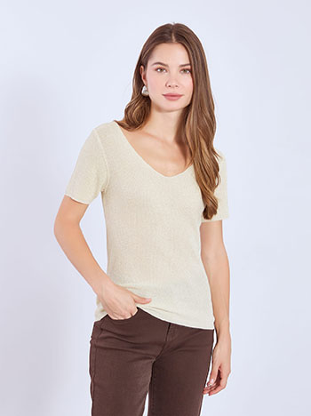 Top short sleeved metallic in beige
