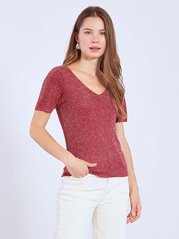 Top short sleeved metallic in wine red