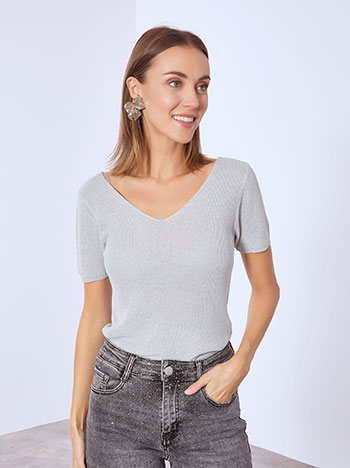 Μπλούζα κοντομάνικη μεταλλιζέ σε γκρι ανοιχτό