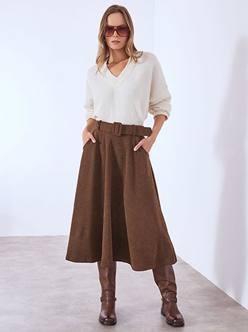 Φούστα μίντι κοτλέ σε καφέ σκούρο