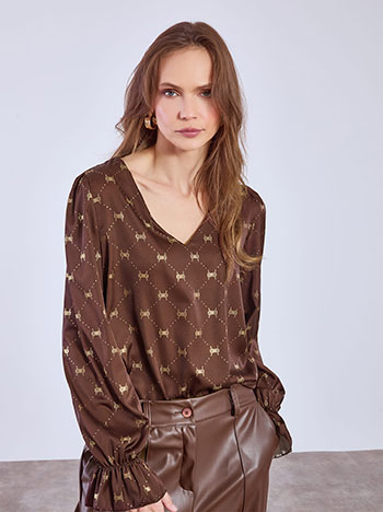 Μπλούζα σατέν με μεταλλιζέ σχέδια σε καφέ
