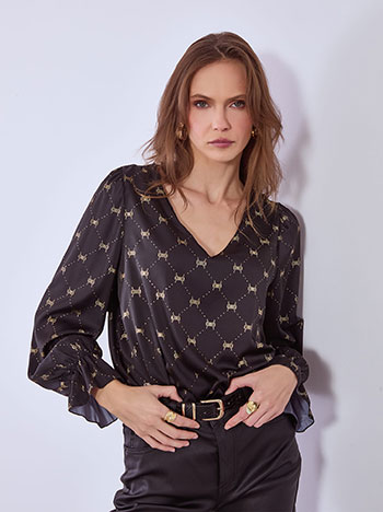 Μπλούζα σατέν με μεταλλιζέ σχέδια σε μαύρο