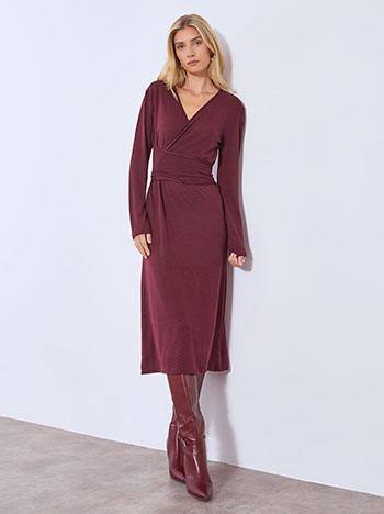 Dress wrap front with tie midi in wine red
