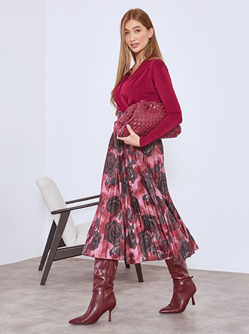 Skirt pleated floral with belt in wine red