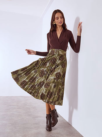 Skirt pleated floral with belt in khaki