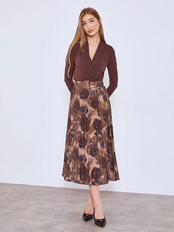 Skirt pleated floral with belt in dark brown