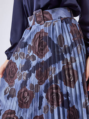 Skirt pleated floral with belt in dark blue