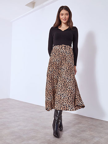 Φούστα μάξι πλισέ με animal print σε καφέ