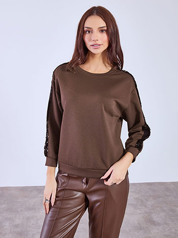 Μπλούζα με ρίγα απο παγιέτες στο πλάι σε καφέ