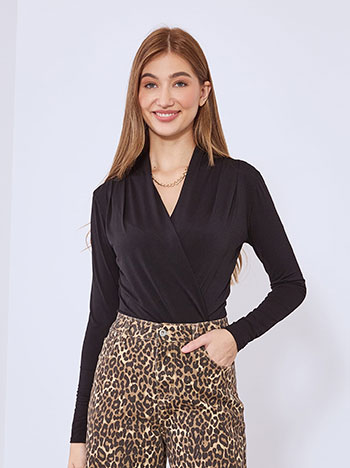 Bodysuit wrap front with pleats in black