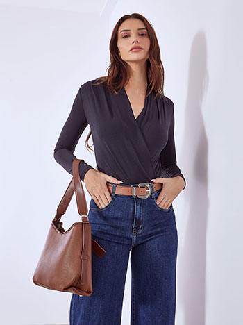 Bodysuit wrap front with pleats in dark blue