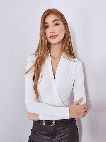 Bodysuit wrap front with pleats in off white