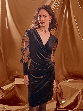 Dress velvet with polka dot sleeves in black