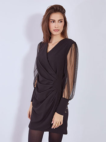 Dress mini with semi sheer sleeves in black