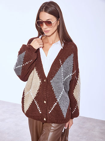 Cardigan knitted with rhombus in brown