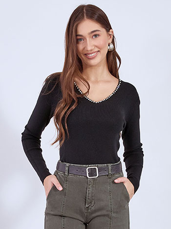 Sweater with strass on neckline in black