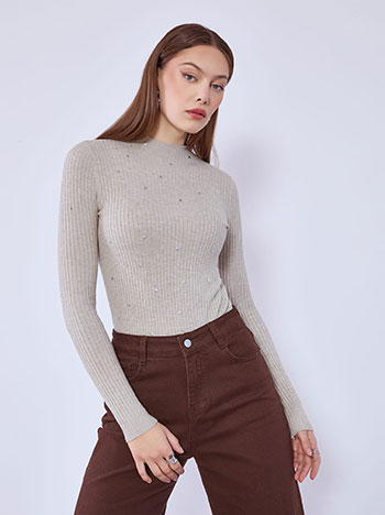 Sweater ribbed with stars and strass in dark beige