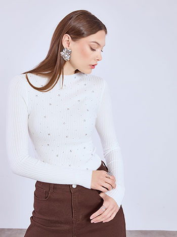 Sweater ribbed with stars and strass in white