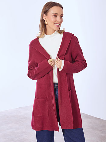Cardigan knitted with hoodie in wine red