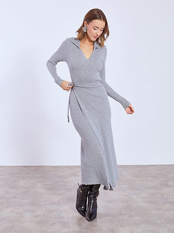 Dress wrap front maxi with collar in grey