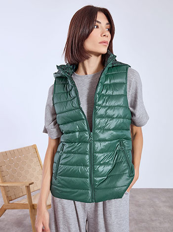 Jacket sleeveless with detachable hoodie in dark green