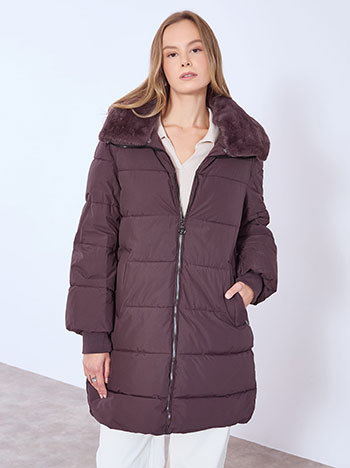 Jacket with detachable fur collar in dark purple