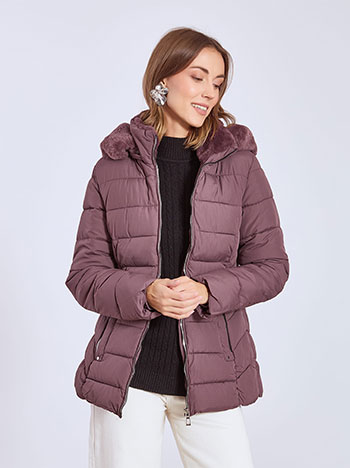 Jacket quilted with hoodie in dark purple