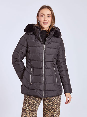 Jacket quilted with hoodie in black