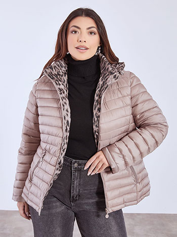 Μπουφάν puffer διπλής όψης με animal print σε μπεζ σκούρο