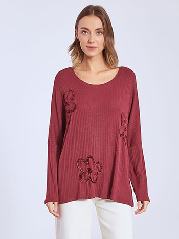 Πουλόβερ ριπ με ανάγλυφα λουλούδια σε μπορντό