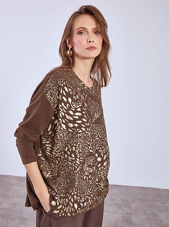 Πουλόβερ με μεταλλιζέ λεοπάρ τύπωμα σε καφέ