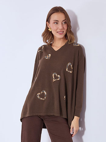 Πουλόβερ με λεοπάρ καρδιές σε καφέ σκούρο