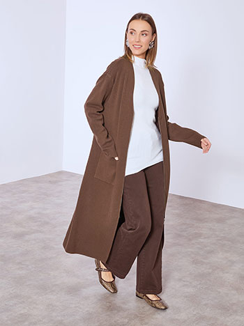 Ζακέτα μακριά με φερμουάρ σε καφέ σκούρο