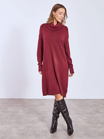 Dress midi knitted with turtleneck in wine red