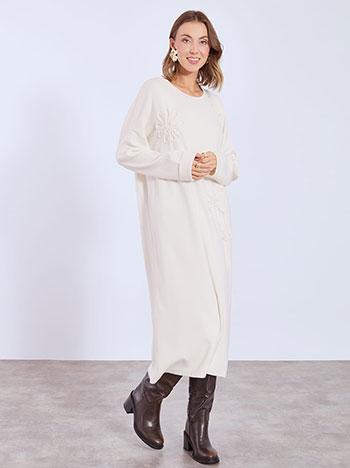 Dress midi with textured flowers in light beige