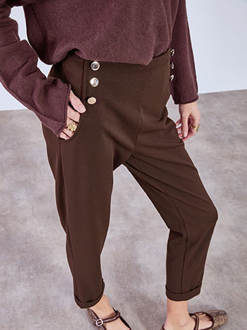 Trousers with decorative buttons in dark brown
