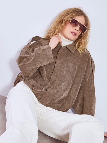 Μπουφάν κοτλέ με γιακά σε καφέ