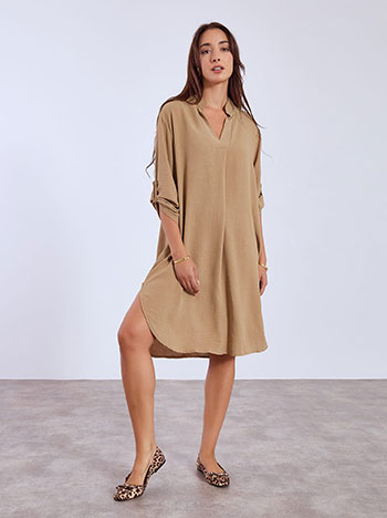 Φόρεμα μίντι με μάο γιακά σε καμηλό