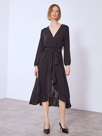 Dress wrap front with ruffled hemline in black