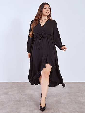 Dress wrap front with ruffled hemline in black
