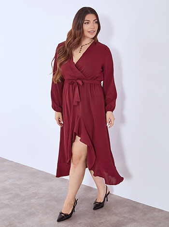 Dress wrap front with ruffled hemline in wine red