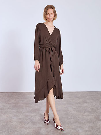 Dress wrap front with ruffled hemline in dark brown