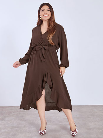 Φόρεμα κρουαζέ με βολάν στο τελείωμα σε καφέ σκούρο