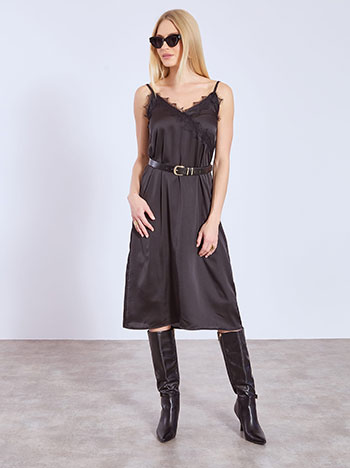 Dress midi satin with lace in black