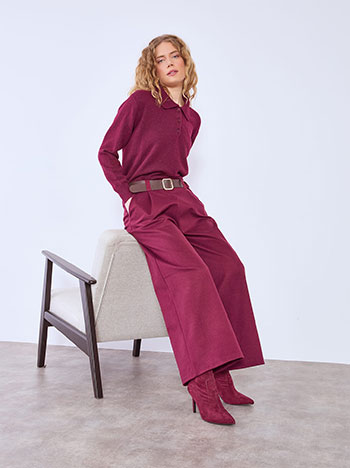 Trousers wide leg with leather effect belt in wine red