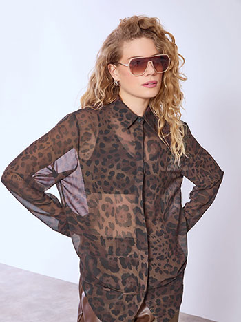 Πουκάμισο ημιδιάφανο με animal print σε καφέ σκούρο