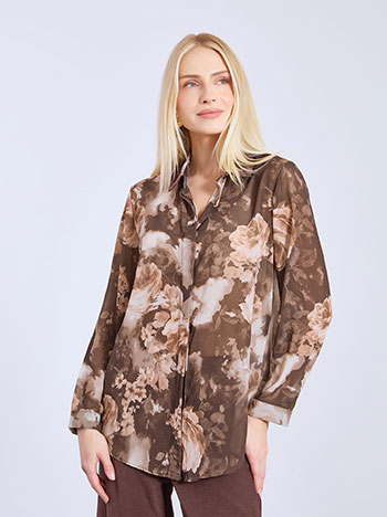 Πουκάμισο ημιδιάφανο φλοράλ σε καφέ