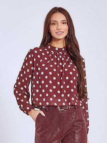 Top polka dot with semi sheer sleeves in wine red