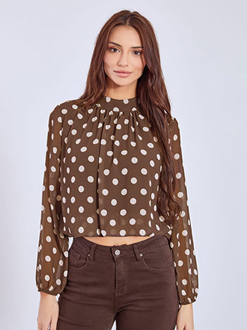 Top polka dot with semi sheer sleeves in dark brown