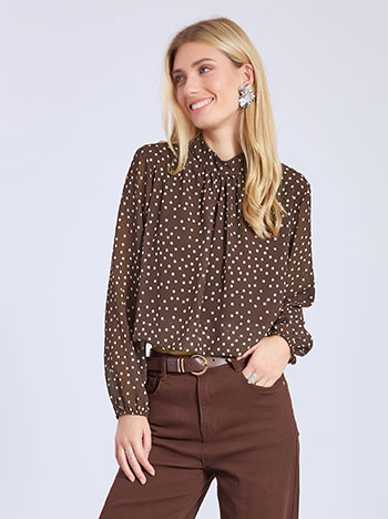 Top polka dot with shirred details in brown